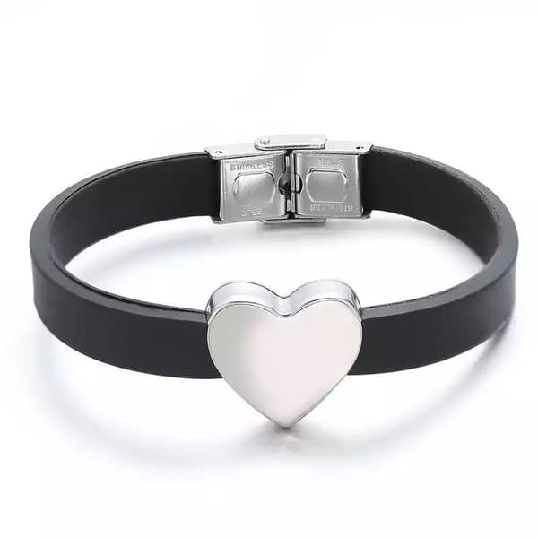 Armband i Svart & Silver - Rostfritt Stål & Läder -Blankt Hjärta
