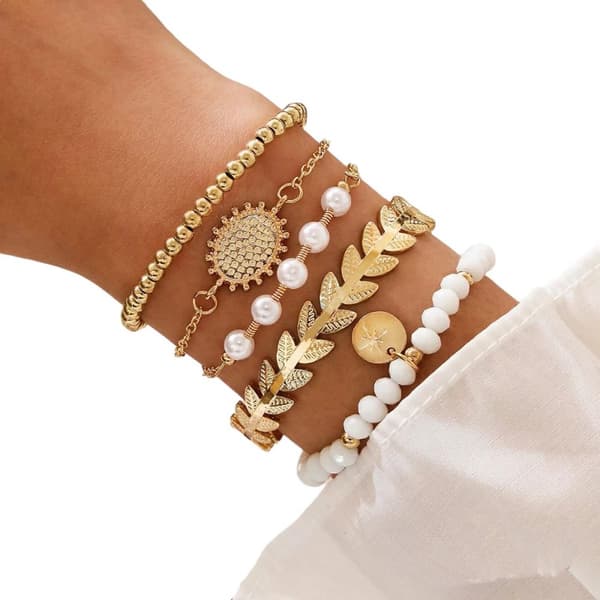 5 st Boho Guld Armband / Bangle med Vita Pärlor, Guldkulor & Löv