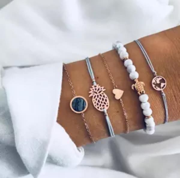 5 st Rosé Guld Armband med Pärlor, Hjärta, Ananas & Världskarta
