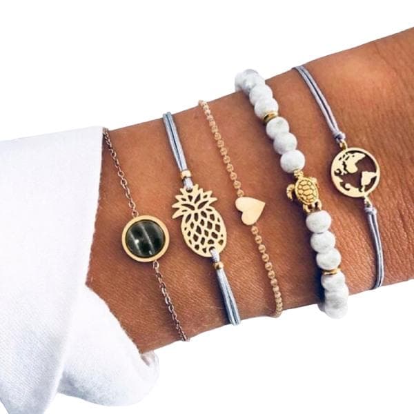 5 st Rosé Guld Armband med Pärlor, Hjärta, Ananas & Världskarta