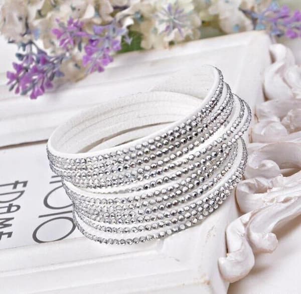 Dubbelt Mocka Armband / Halsband med Glittrande Strass - Vitt