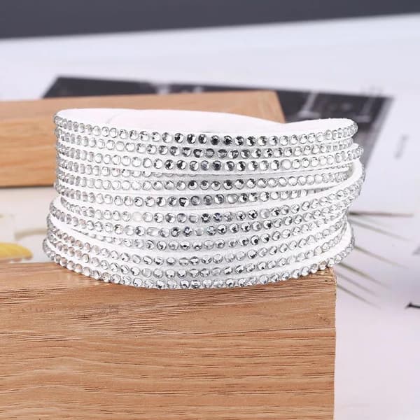 Dubbelt Mocka Armband / Halsband med Glittrande Strass - Vitt