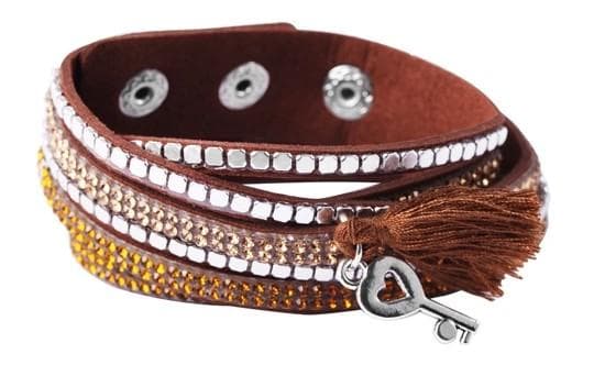 Dubbelt Mocka Armband / Halsband med Glittrande Strass - Brunt