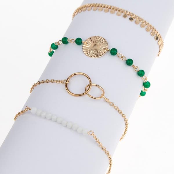 4 st Guld Chic Armband med Gröna & Vita Pärlor, Ringar & Plattor