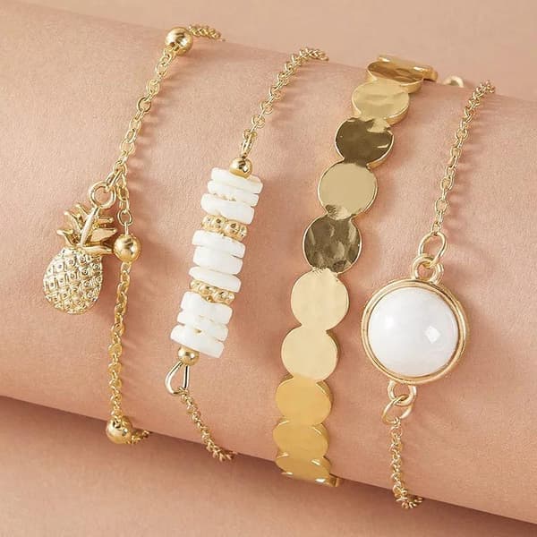 4 st Guld Chic Armband / Bangle med Ananas, Kulor & Pärlor