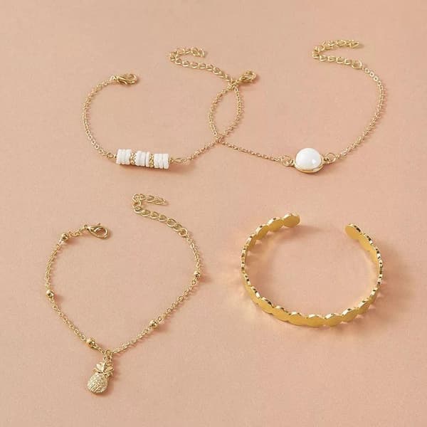 4 st Guld Chic Armband / Bangle med Ananas, Kulor & Pärlor