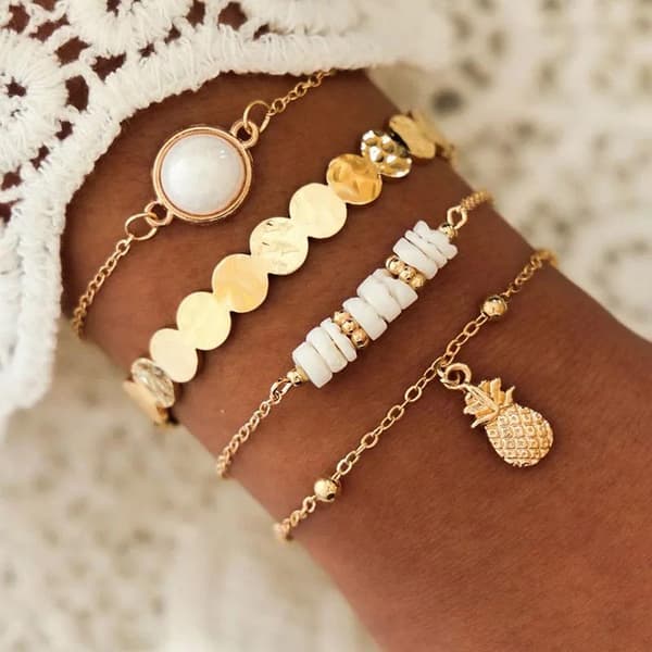 4 st Guld Chic Armband / Bangle med Ananas, Kulor & Pärlor
