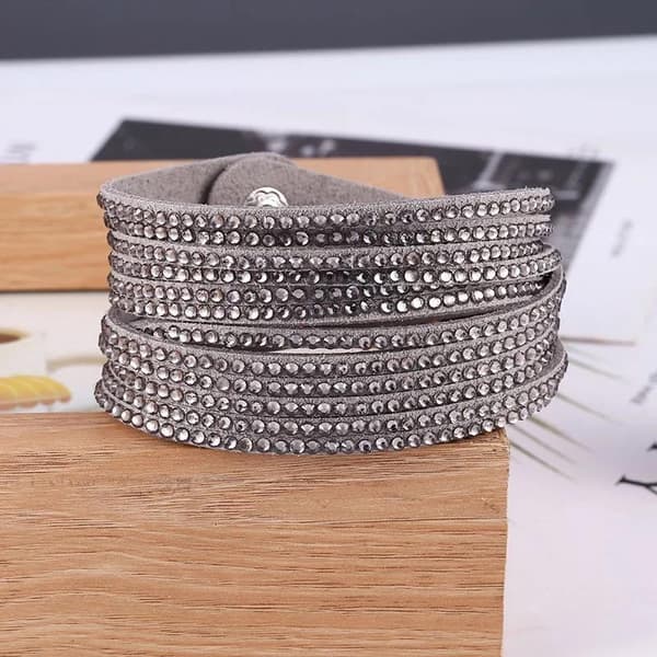 Wrap Läderarmband/Läder Armband med Strass / Rhinestones - Grå