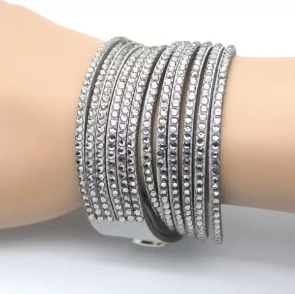 Wrap Läderarmband/Läder Armband med Strass / Rhinestones - Grå