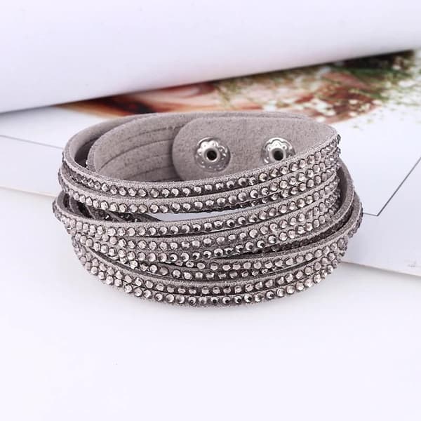 Wrap Läderarmband/Läder Armband med Strass / Rhinestones - Grå