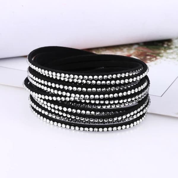 Wrap Läderarmband/Läder Armband med Strass / Rhinestones - Svart