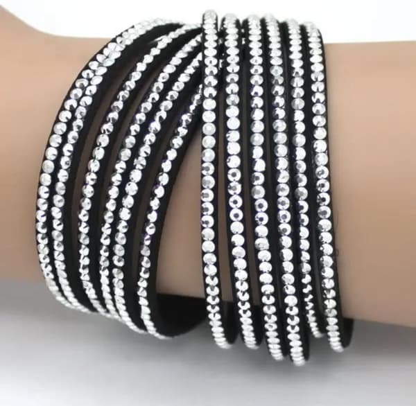 Wrap Läderarmband/Läder Armband med Strass / Rhinestones - Svart