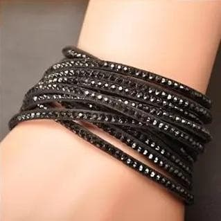 Wrap Läderarmband/Läder Armband med Strass / Rhinestones - Svart