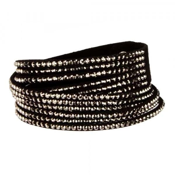Wrap Läderarmband/Läder Armband med Strass / Rhinestones - Svart
