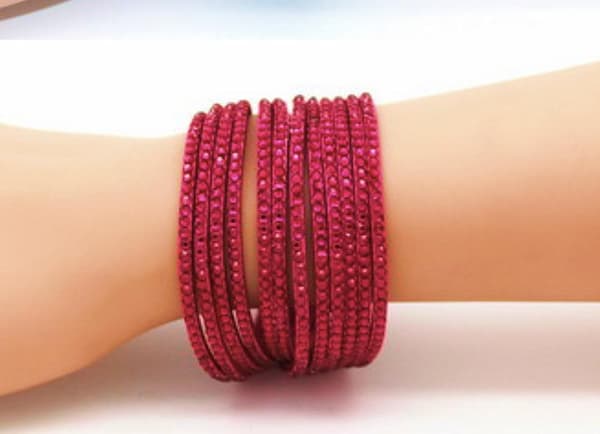 Wrap Läderarmband/Läder Armband med Strass / Rhinestones -Cerise