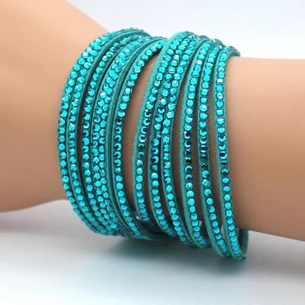 Wrap Läderarmband/Läder Armband med Strass / Rhinestones -Turkos