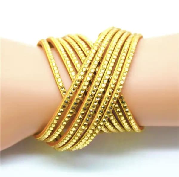 Wrap Läderarmband/Läder Armband med Strass / Rhinestones - Gul