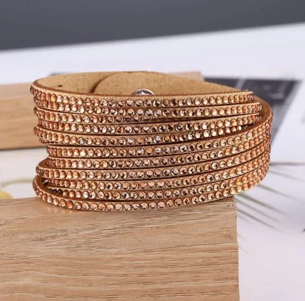 Wrap Läderarmband/Läder Armband med Strass / Rhinestones - Beige
