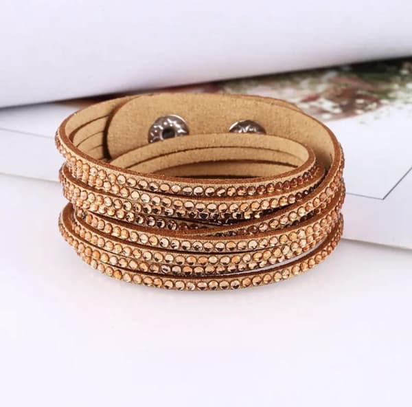 Wrap Läderarmband/Läder Armband med Strass / Rhinestones - Beige
