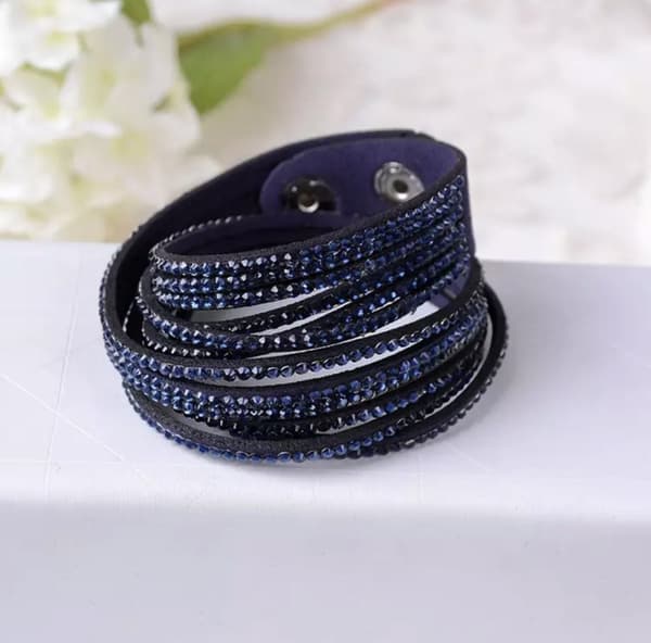 Wrap Läderarmband/Läder Armband med Strass/Rhinestones -Mörk Blå
