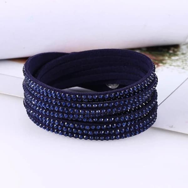 Wrap Läderarmband/Läder Armband med Strass/Rhinestones -Mörk Blå