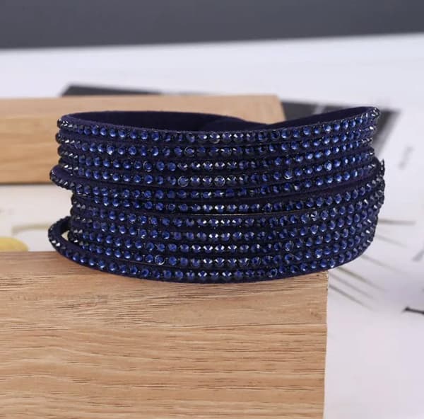 Wrap Läderarmband/Läder Armband med Strass/Rhinestones -Mörk Blå