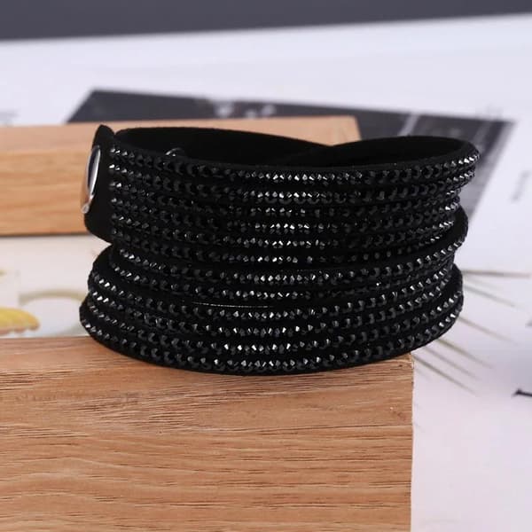 Wrap Läderarmband/Läder Armband med Strass / Rhinestones - Svart