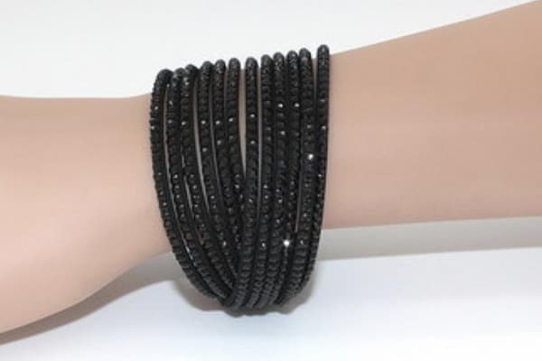 Wrap Läderarmband/Läder Armband med Strass / Rhinestones - Svart