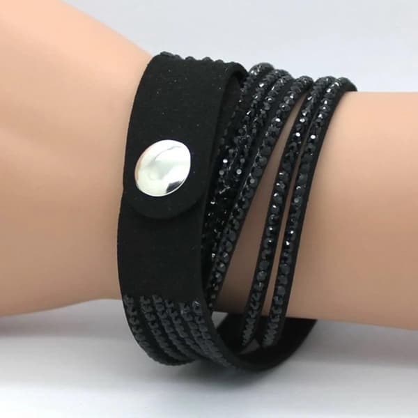 Wrap Läderarmband/Läder Armband med Strass / Rhinestones - Svart