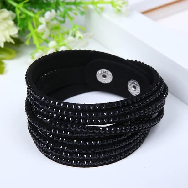 Wrap Läderarmband/Läder Armband med Strass / Rhinestones - Svart