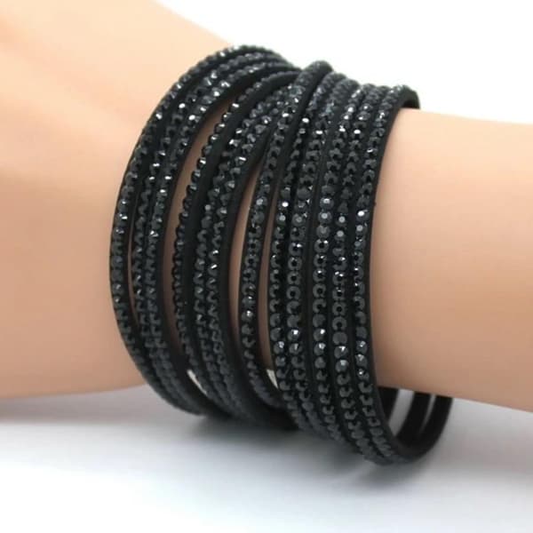 Wrap Läderarmband/Läder Armband med Strass / Rhinestones - Svart