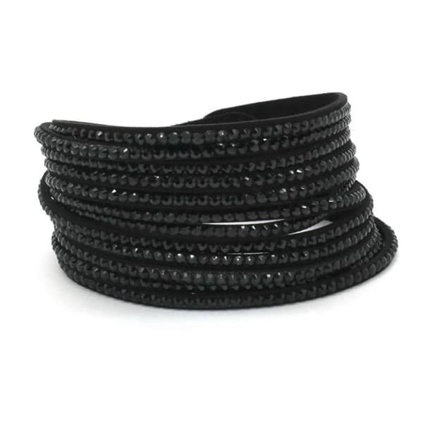 Wrap Läderarmband/Läder Armband med Strass / Rhinestones - Svart