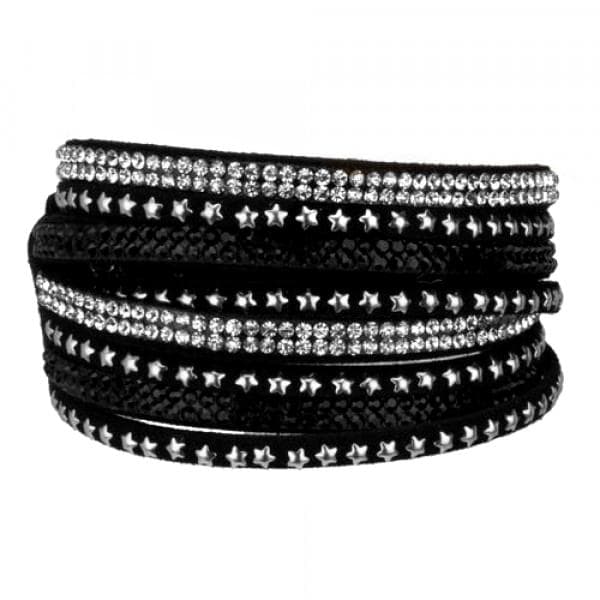 Wrap Läderarmband/Läder Armband med Strass / Rhinestones - Svart