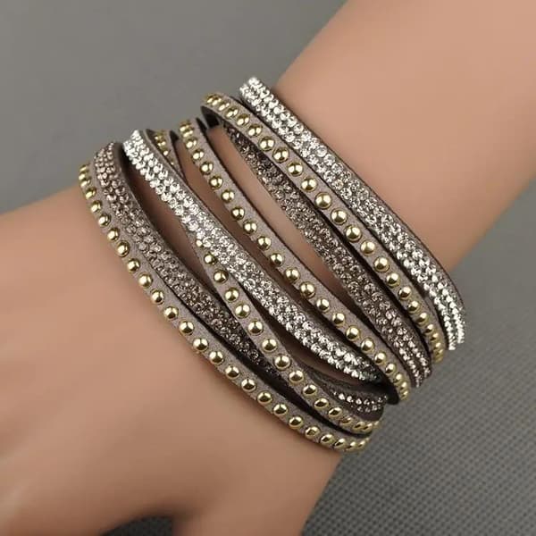 Wrap Läderarmband/Läder Armband med Strass / Rhinestones - Grå