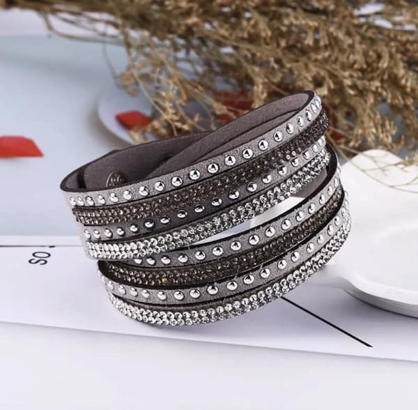 Wrap Läderarmband/Läder Armband med Strass / Rhinestones - Grå