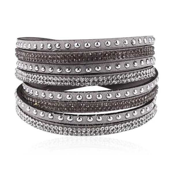 Wrap Läderarmband/Läder Armband med Strass / Rhinestones - Grå