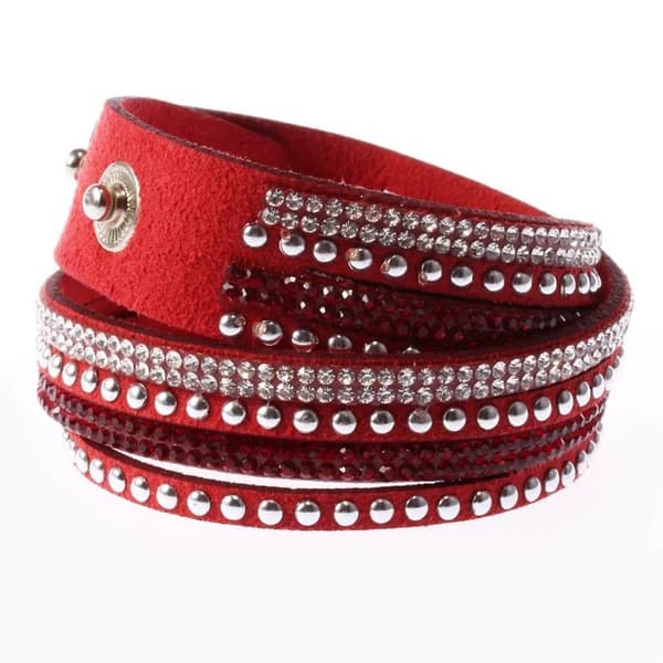 Wrap Läderarmband/Läder Armband med Strass / Rhinestones - Röd