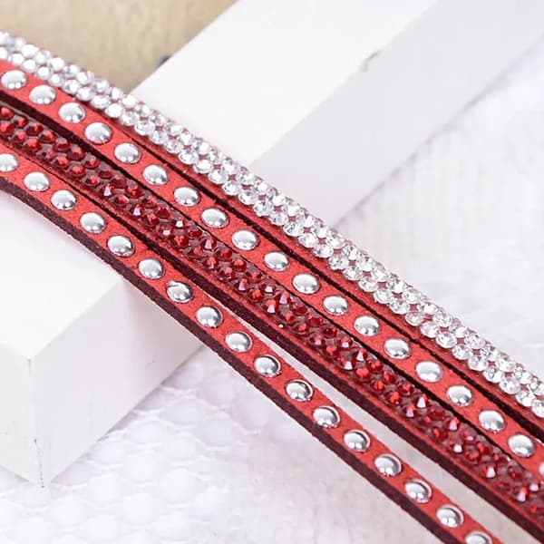 Wrap Läderarmband/Läder Armband med Strass / Rhinestones - Röd