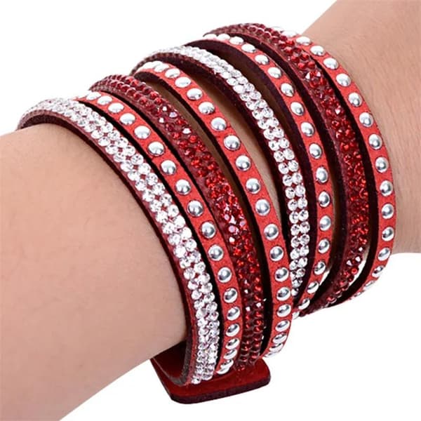 Wrap Läderarmband/Läder Armband med Strass / Rhinestones - Röd