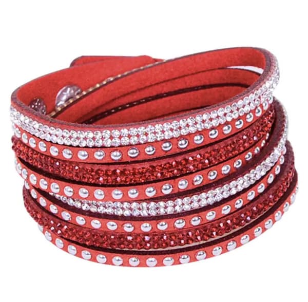 Wrap Läderarmband/Läder Armband med Strass / Rhinestones - Röd