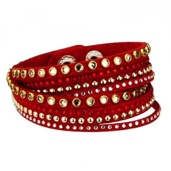 Wrap Läderarmband/Läder Armband med Strass / Rhinestones - Röd