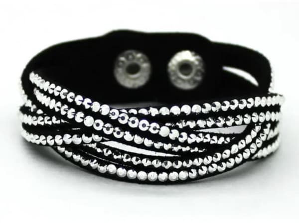 Flätat Läderarmband/Läder Armband med Strass/Rhinestones - Svart