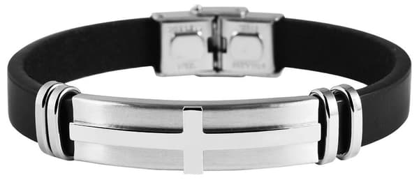 Svart Läder Armband/Läderarmband - Silver Detalj i Stål med Kors
