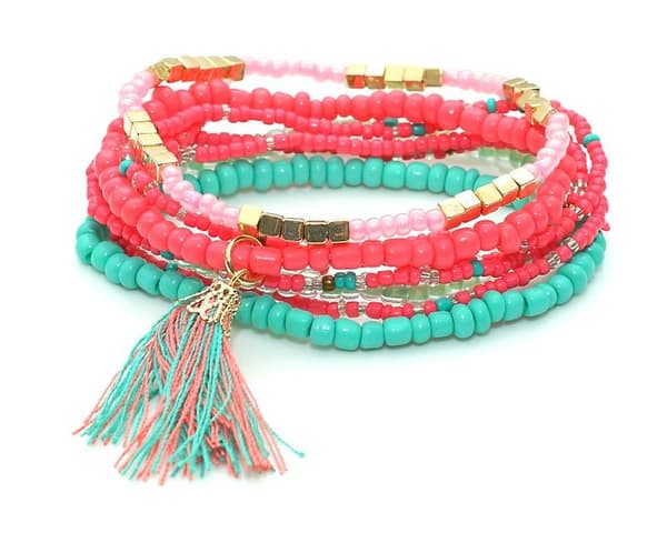 8 st Armband/Pärlarmband i Olika Färger med Tofs - Turkos & Rosa