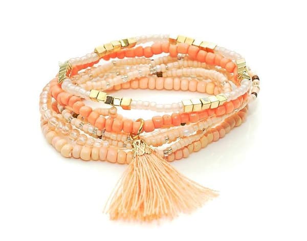 8 st Armband/Pärlarmband i Olika Färger med Tofs -Aprikos & Guld