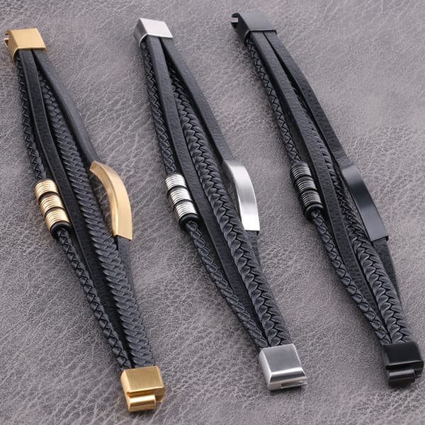 INF Punk flerlags vevd rustfritt stål lær tau armbånd 19 cm