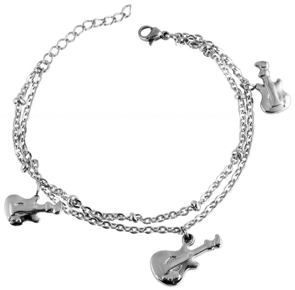 Silver Armband i Rostfritt Stål med 2 Kedjor & 3 st Gitarrer