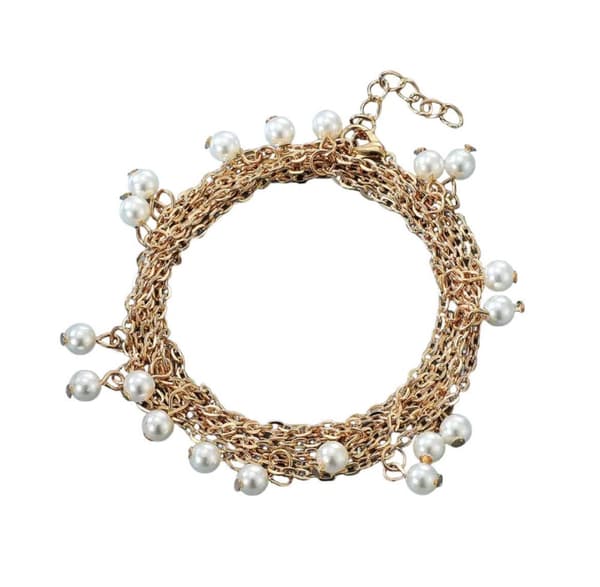 Lång Guld Kedja med Vita Pärlor - Armband / Halsband / Vristlänk