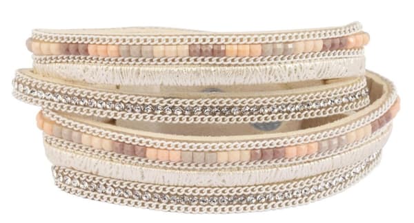 Wrap Mockaarmband/Mocka Armband med Strass & Pärlor - Beige