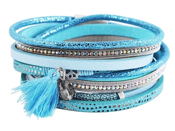 Wrap Läderarmband/Läder Armband med Strass & Tofs - Turkos